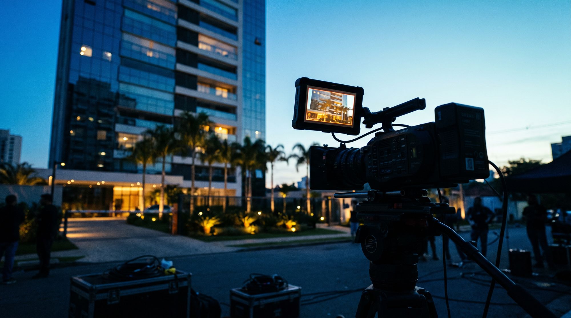 Câmera de cinema gravando na frente de um prédio residencial